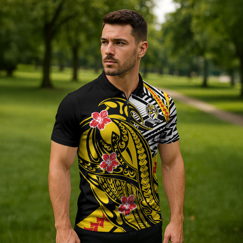 Personalized Richmond Tigers Zipper Polo Shirt Polynesian Tribal Tiger Mascot With Hibiscus Floral Art