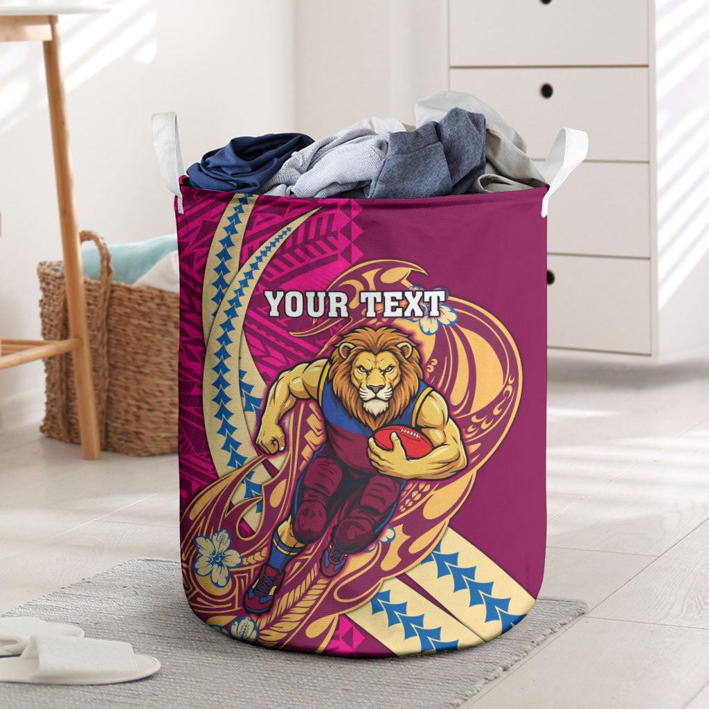 Personalized Brisbane Lions Laundry Basket Polynesian Tribal Lion Mascot With Hibiscus Floral Art