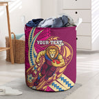 Personalized Brisbane Lions Laundry Basket Polynesian Tribal Lion Mascot With Hibiscus Floral Art