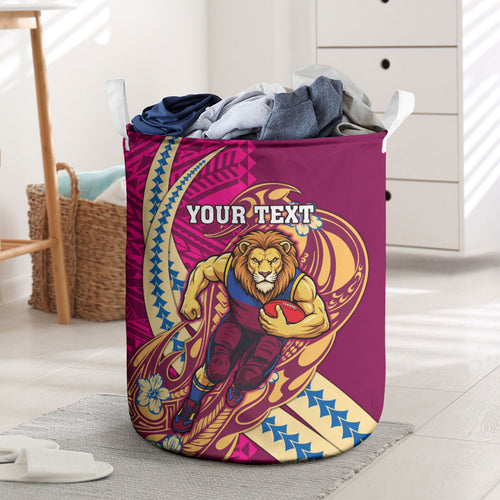 Personalized Brisbane Lions Laundry Basket Polynesian Tribal Lion Mascot With Hibiscus Floral Art