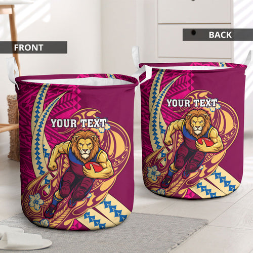Personalized Brisbane Lions Laundry Basket Polynesian Tribal Lion Mascot With Hibiscus Floral Art