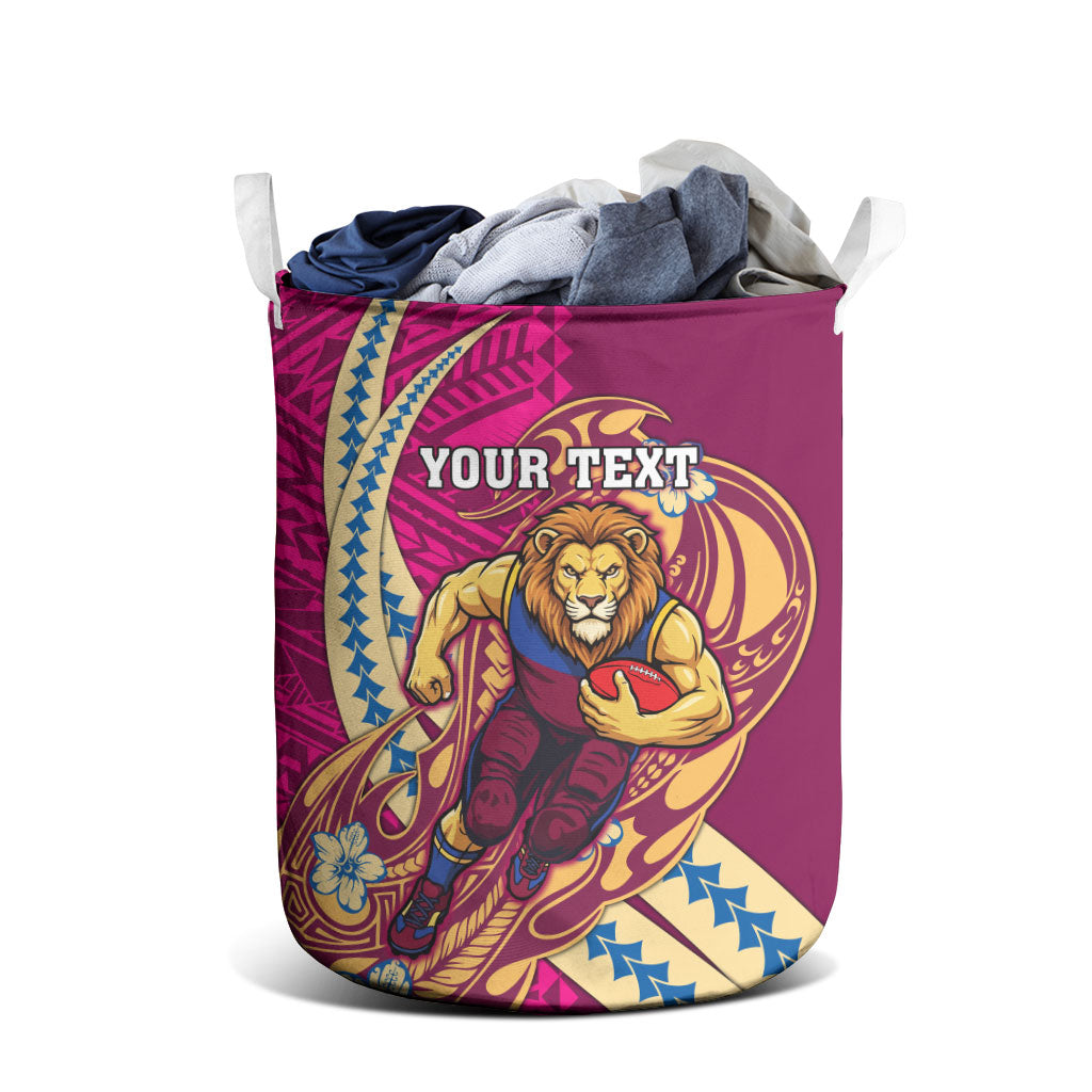 Personalized Brisbane Lions Laundry Basket Polynesian Tribal Lion Mascot With Hibiscus Floral Art