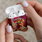 Personalized Brisbane Lions AirPods Case Polynesian Tribal Lion Mascot With Hibiscus Floral Art