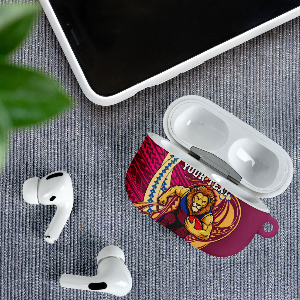Personalized Brisbane Lions AirPods Case Polynesian Tribal Lion Mascot With Hibiscus Floral Art