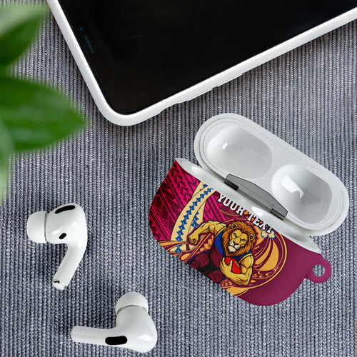 Personalized Brisbane Lions AirPods Case Polynesian Tribal Lion Mascot With Hibiscus Floral Art