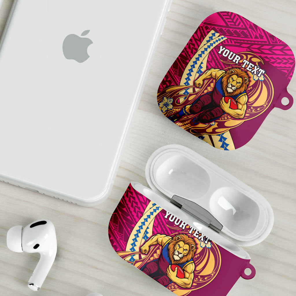 Personalized Brisbane Lions AirPods Case Polynesian Tribal Lion Mascot With Hibiscus Floral Art