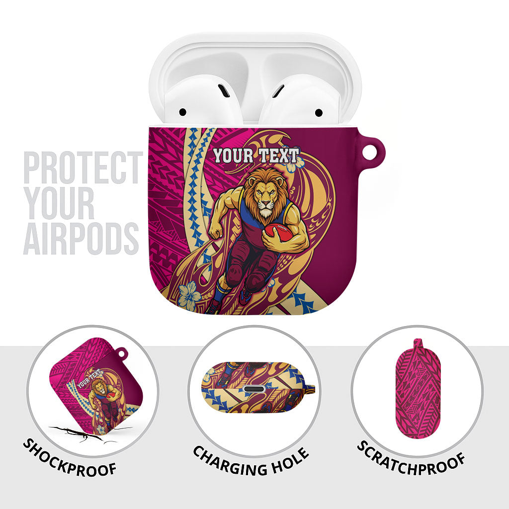 Personalized Brisbane Lions AirPods Case Polynesian Tribal Lion Mascot With Hibiscus Floral Art