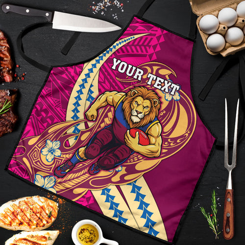 Personalized Brisbane Lions Apron Polynesian Tribal Lion Mascot With Hibiscus Floral Art