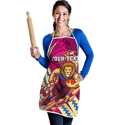 Personalized Brisbane Lions Apron Polynesian Tribal Lion Mascot With Hibiscus Floral Art