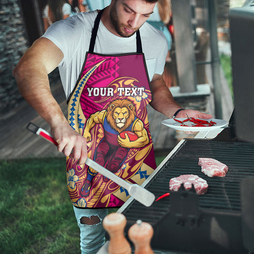 Personalized Brisbane Lions Apron Polynesian Tribal Lion Mascot With Hibiscus Floral Art