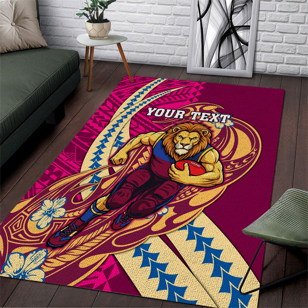 Personalized Brisbane Lions Area Rug Polynesian Tribal Lion Mascot With Hibiscus Floral Art