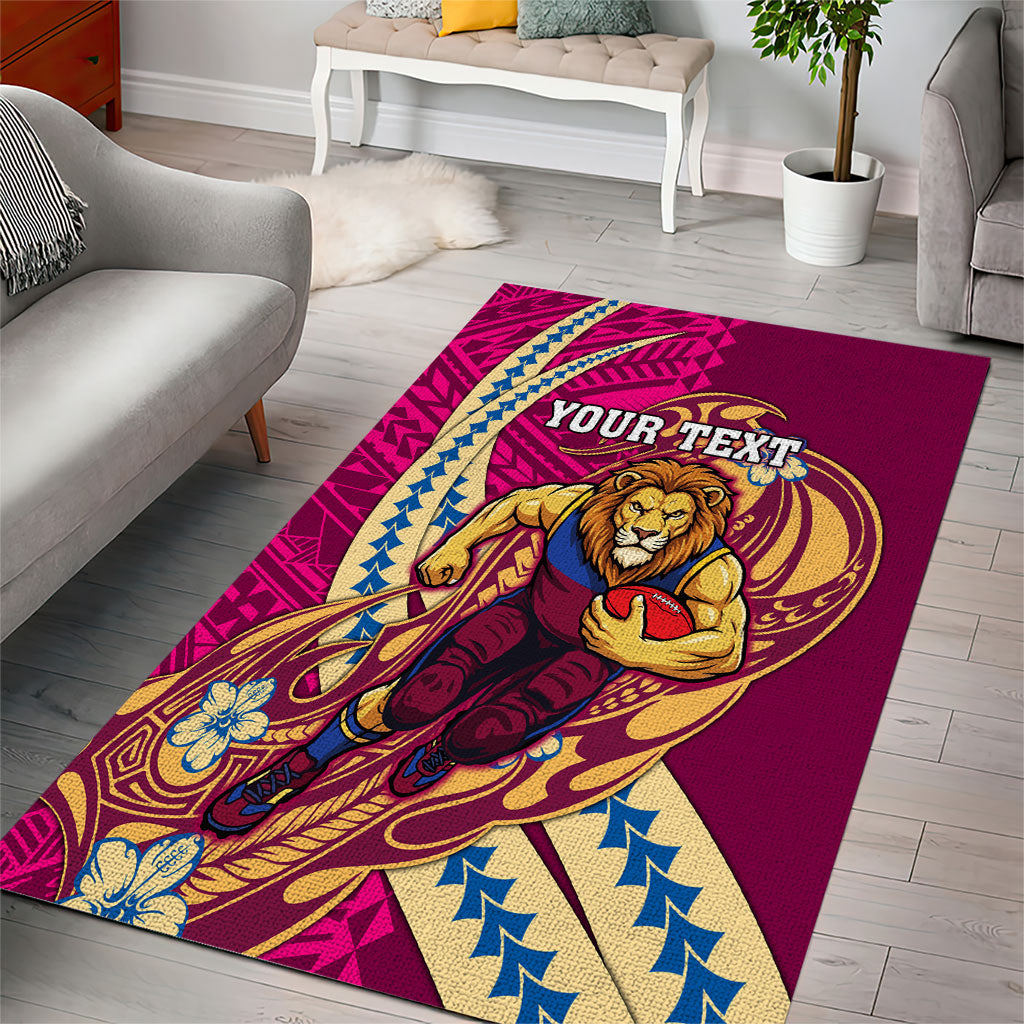Personalized Brisbane Lions Area Rug Polynesian Tribal Lion Mascot With Hibiscus Floral Art