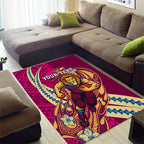 Personalized Brisbane Lions Area Rug Polynesian Tribal Lion Mascot With Hibiscus Floral Art