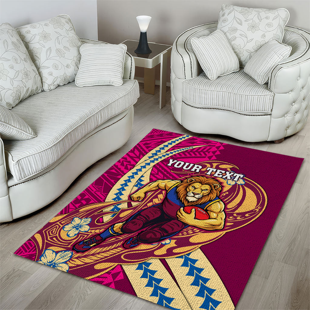 Personalized Brisbane Lions Area Rug Polynesian Tribal Lion Mascot With Hibiscus Floral Art