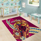 Personalized Brisbane Lions Area Rug Polynesian Tribal Lion Mascot With Hibiscus Floral Art