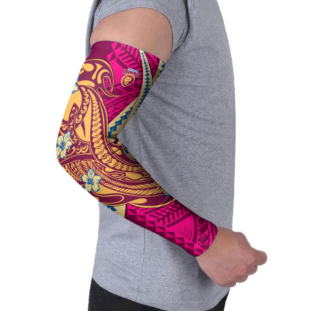 Personalized Brisbane Lions Arm Sleeves Polynesian Tribal Lion Mascot With Hibiscus Floral Art