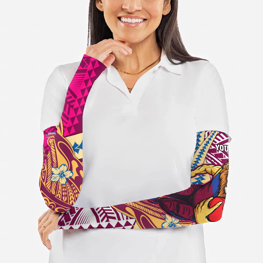 Personalized Brisbane Lions Arm Sleeves Polynesian Tribal Lion Mascot With Hibiscus Floral Art