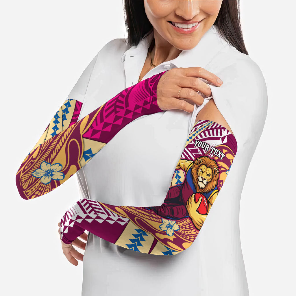 Personalized Brisbane Lions Arm Sleeves Polynesian Tribal Lion Mascot With Hibiscus Floral Art