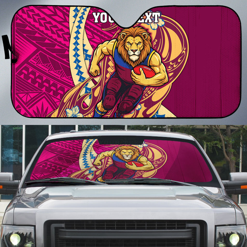 Personalized Brisbane Lions Auto Sun Shade Polynesian Tribal Lion Mascot With Hibiscus Floral Art