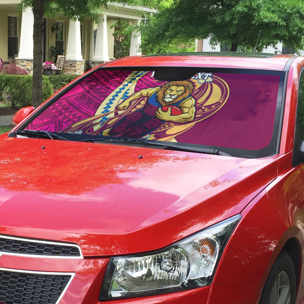 Personalized Brisbane Lions Auto Sun Shade Polynesian Tribal Lion Mascot With Hibiscus Floral Art
