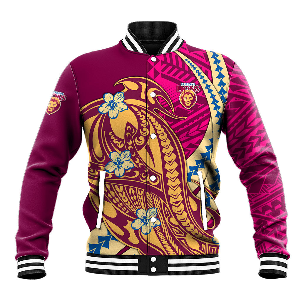 Personalized Brisbane Lions Baseball Jacket Polynesian Tribal Lion Mascot With Hibiscus Floral Art