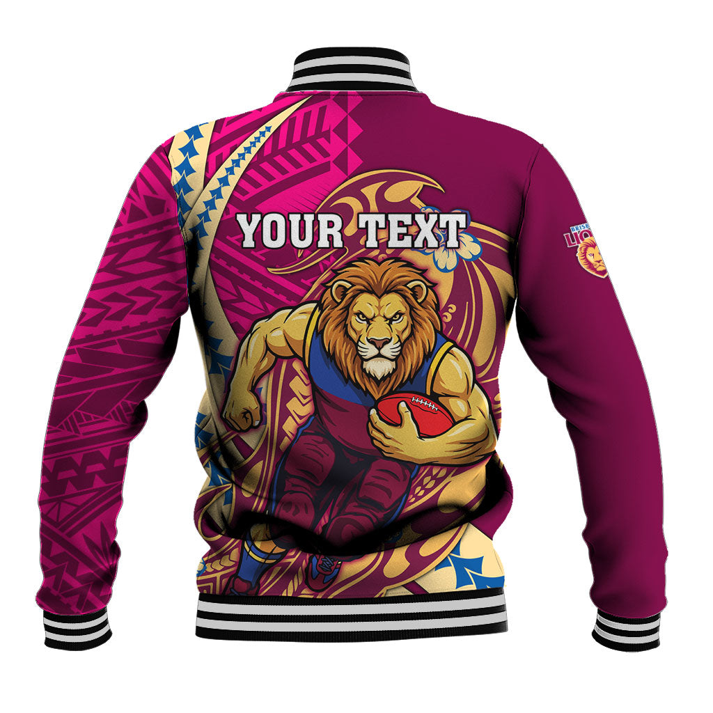Personalized Brisbane Lions Baseball Jacket Polynesian Tribal Lion Mascot With Hibiscus Floral Art