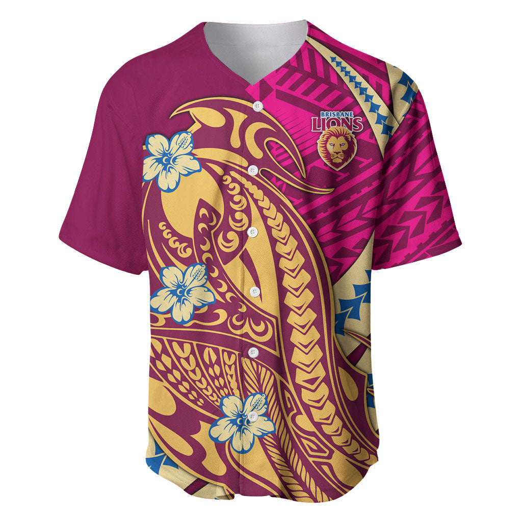 Personalized Brisbane Lions Baseball Jersey Polynesian Tribal Lion Mascot With Hibiscus Floral Art