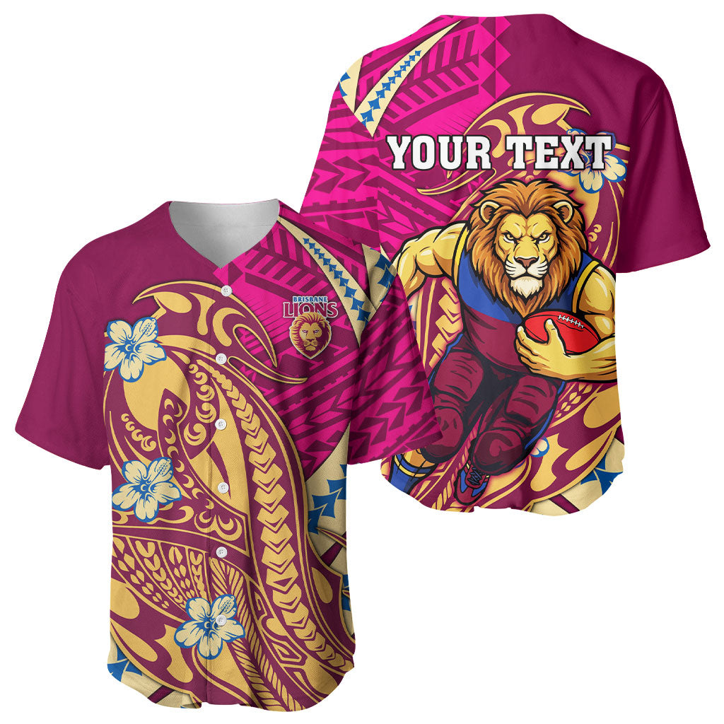 Personalized Brisbane Lions Baseball Jersey Polynesian Tribal Lion Mascot With Hibiscus Floral Art