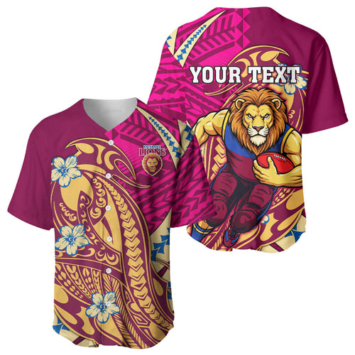 Personalized Brisbane Lions Baseball Jersey Polynesian Tribal Lion Mascot With Hibiscus Floral Art