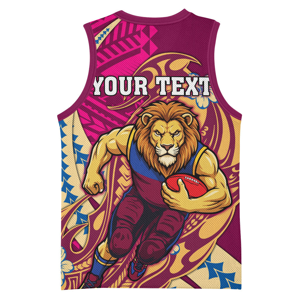 Personalized Brisbane Lions Basketball Jersey Polynesian Tribal Lion Mascot With Hibiscus Floral Art