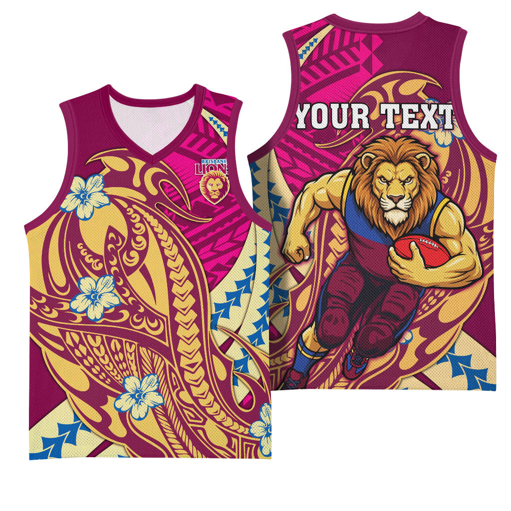 Personalized Brisbane Lions Basketball Jersey Polynesian Tribal Lion Mascot With Hibiscus Floral Art