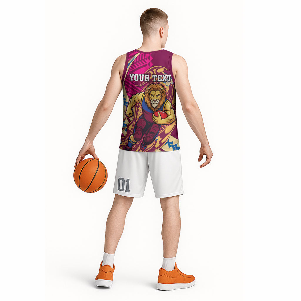Personalized Brisbane Lions Basketball Jersey Polynesian Tribal Lion Mascot With Hibiscus Floral Art