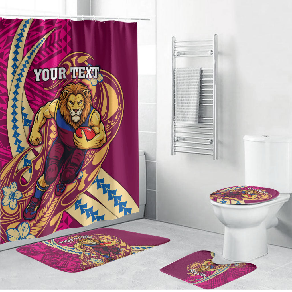 Personalized Brisbane Lions Bathroom Set Polynesian Tribal Lion Mascot With Hibiscus Floral Art