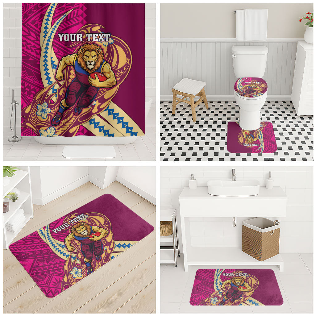 Personalized Brisbane Lions Bathroom Set Polynesian Tribal Lion Mascot With Hibiscus Floral Art