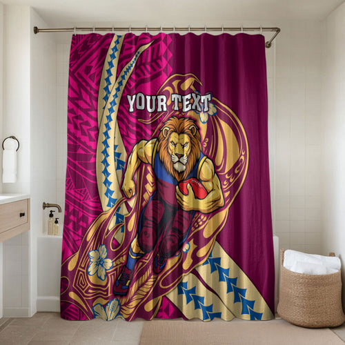 Personalized Brisbane Lions Bathroom Set Polynesian Tribal Lion Mascot With Hibiscus Floral Art
