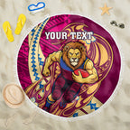 Personalized Brisbane Lions Beach Blanket Polynesian Tribal Lion Mascot With Hibiscus Floral Art
