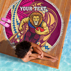 Personalized Brisbane Lions Beach Blanket Polynesian Tribal Lion Mascot With Hibiscus Floral Art