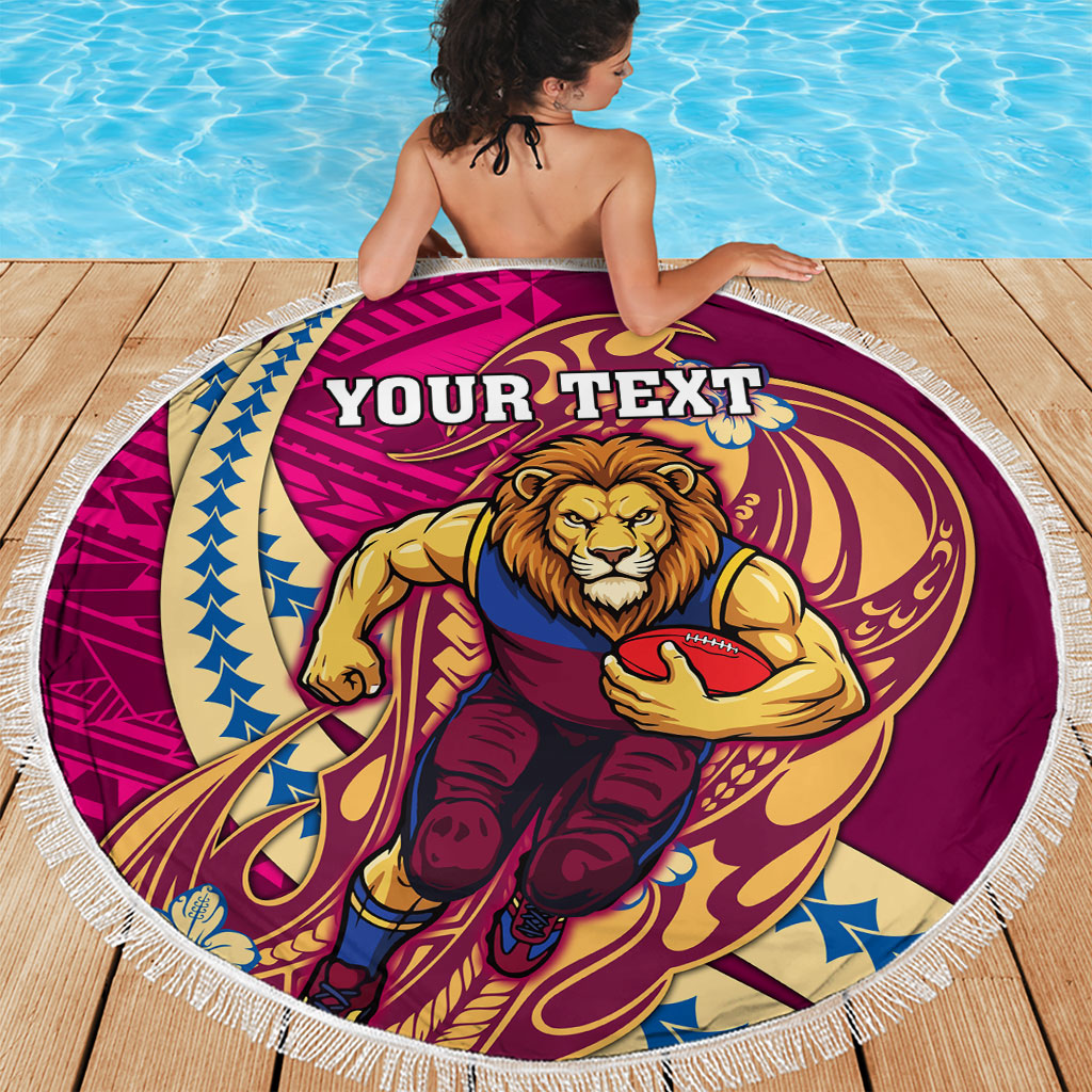 Personalized Brisbane Lions Beach Blanket Polynesian Tribal Lion Mascot With Hibiscus Floral Art