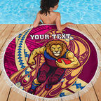 Personalized Brisbane Lions Beach Blanket Polynesian Tribal Lion Mascot With Hibiscus Floral Art