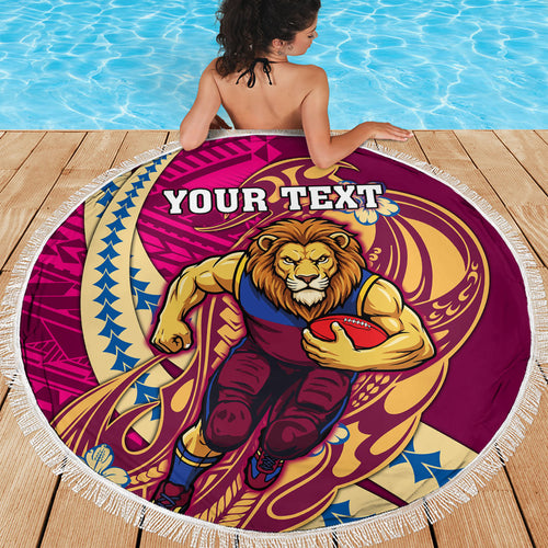 Personalized Brisbane Lions Beach Blanket Polynesian Tribal Lion Mascot With Hibiscus Floral Art
