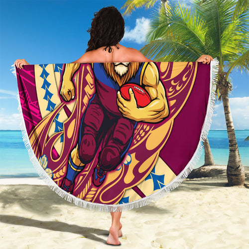 Personalized Brisbane Lions Beach Blanket Polynesian Tribal Lion Mascot With Hibiscus Floral Art