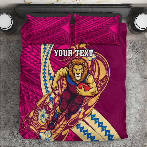 Personalized Brisbane Lions Bedding Set Polynesian Tribal Lion Mascot With Hibiscus Floral Art