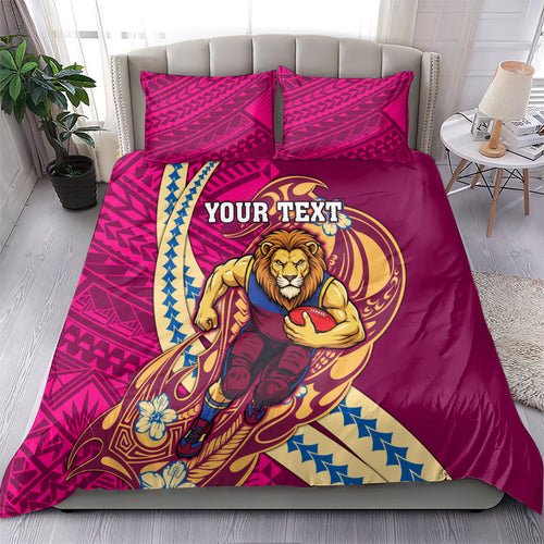 Personalized Brisbane Lions Bedding Set Polynesian Tribal Lion Mascot With Hibiscus Floral Art