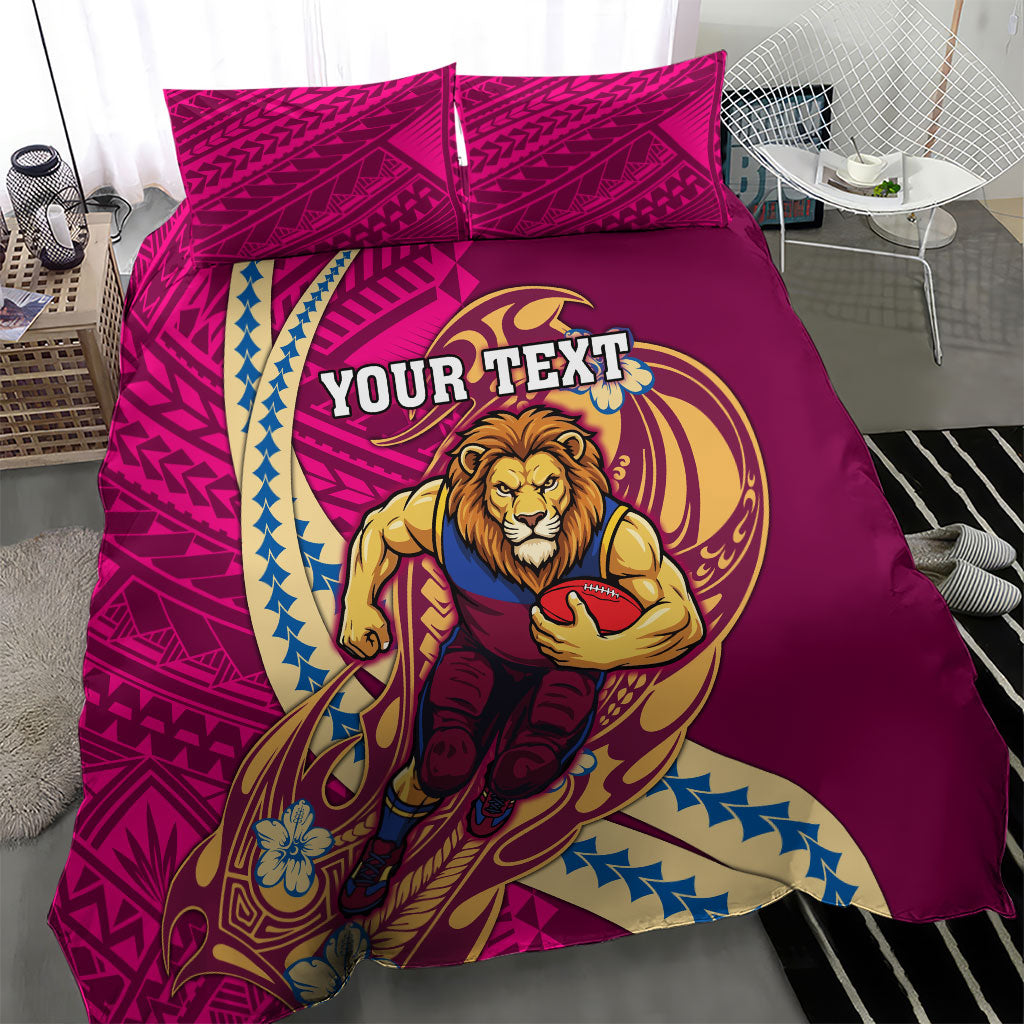 Personalized Brisbane Lions Bedding Set Polynesian Tribal Lion Mascot With Hibiscus Floral Art