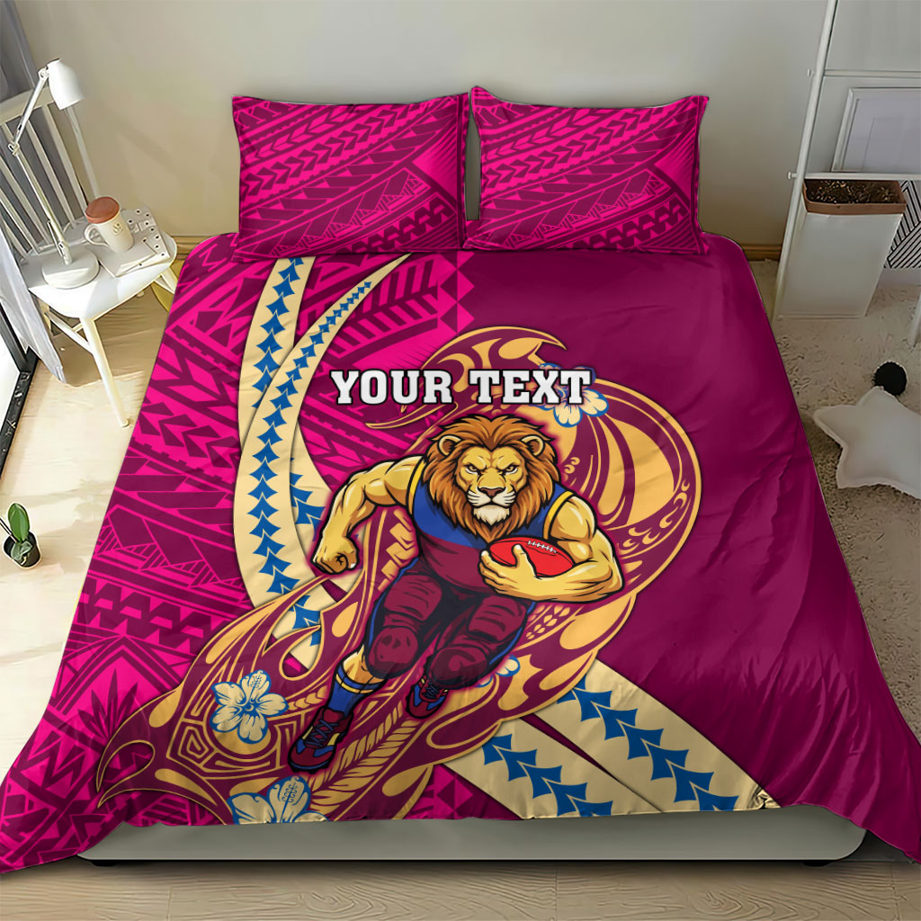 Personalized Brisbane Lions Bedding Set Polynesian Tribal Lion Mascot With Hibiscus Floral Art