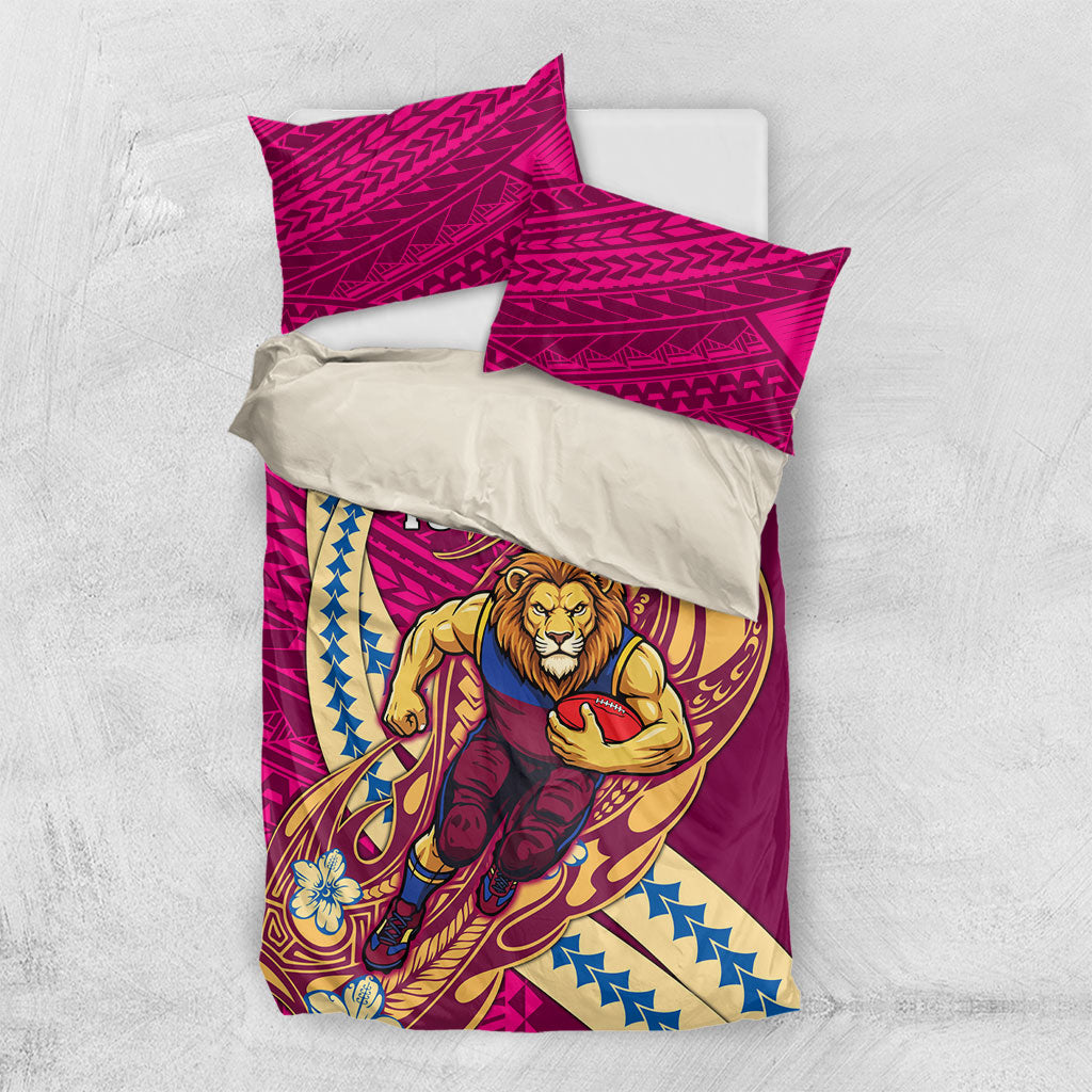 Personalized Brisbane Lions Bedding Set Polynesian Tribal Lion Mascot With Hibiscus Floral Art