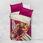 Personalized Brisbane Lions Bedding Set Polynesian Tribal Lion Mascot With Hibiscus Floral Art