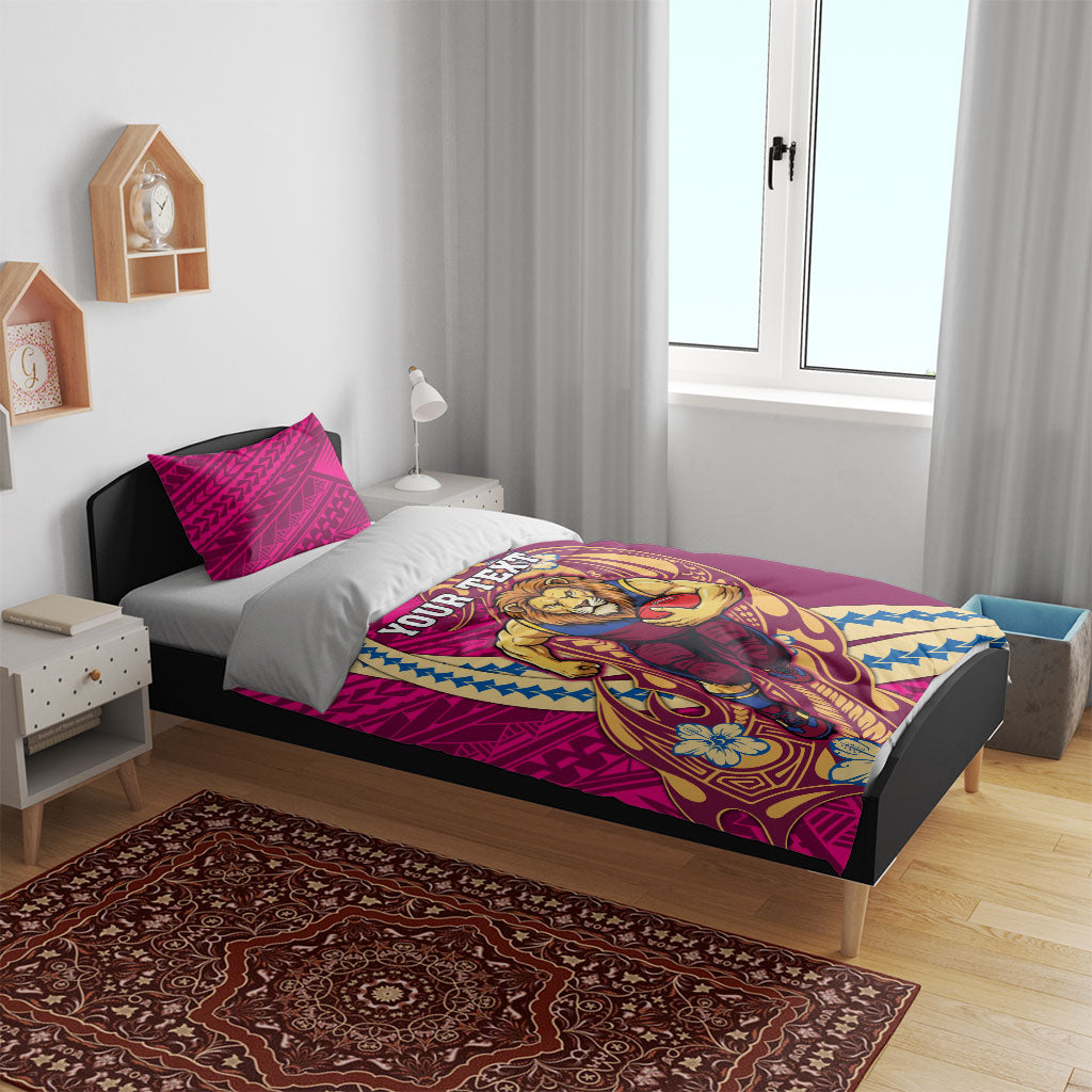 Personalized Brisbane Lions Bedding Set Polynesian Tribal Lion Mascot With Hibiscus Floral Art