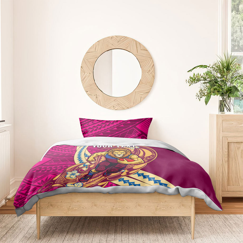 Personalized Brisbane Lions Bedding Set Polynesian Tribal Lion Mascot With Hibiscus Floral Art