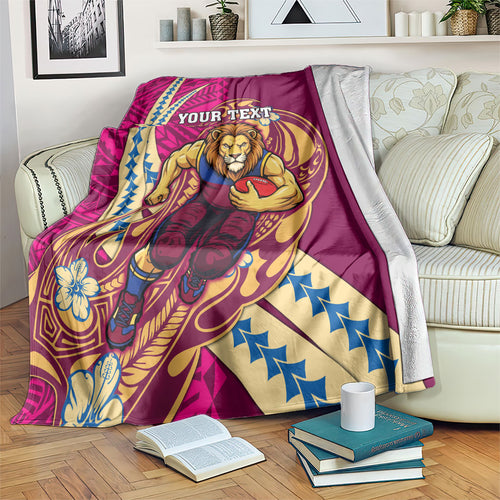 Personalized Brisbane Lions Blanket Polynesian Tribal Lion Mascot With Hibiscus Floral Art